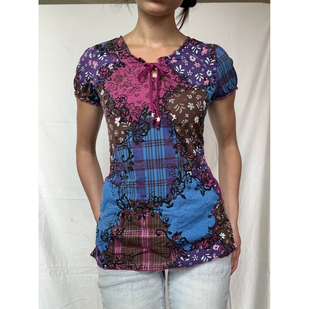 2000s Style Patchwork Floral Plaid Milkmaid Top Boho Whimsigoth Playground Prep